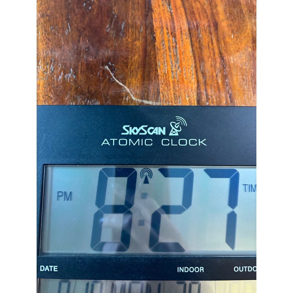 SkyScan Atomic Clock Digital Wall Tabletop Wood Grain Black Model 86722